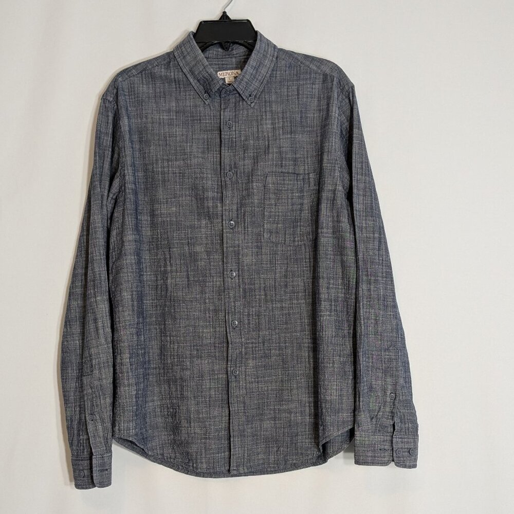 MERONA Variegated Blue Chambray Long Sleeve Button Shirt; Men's Size L